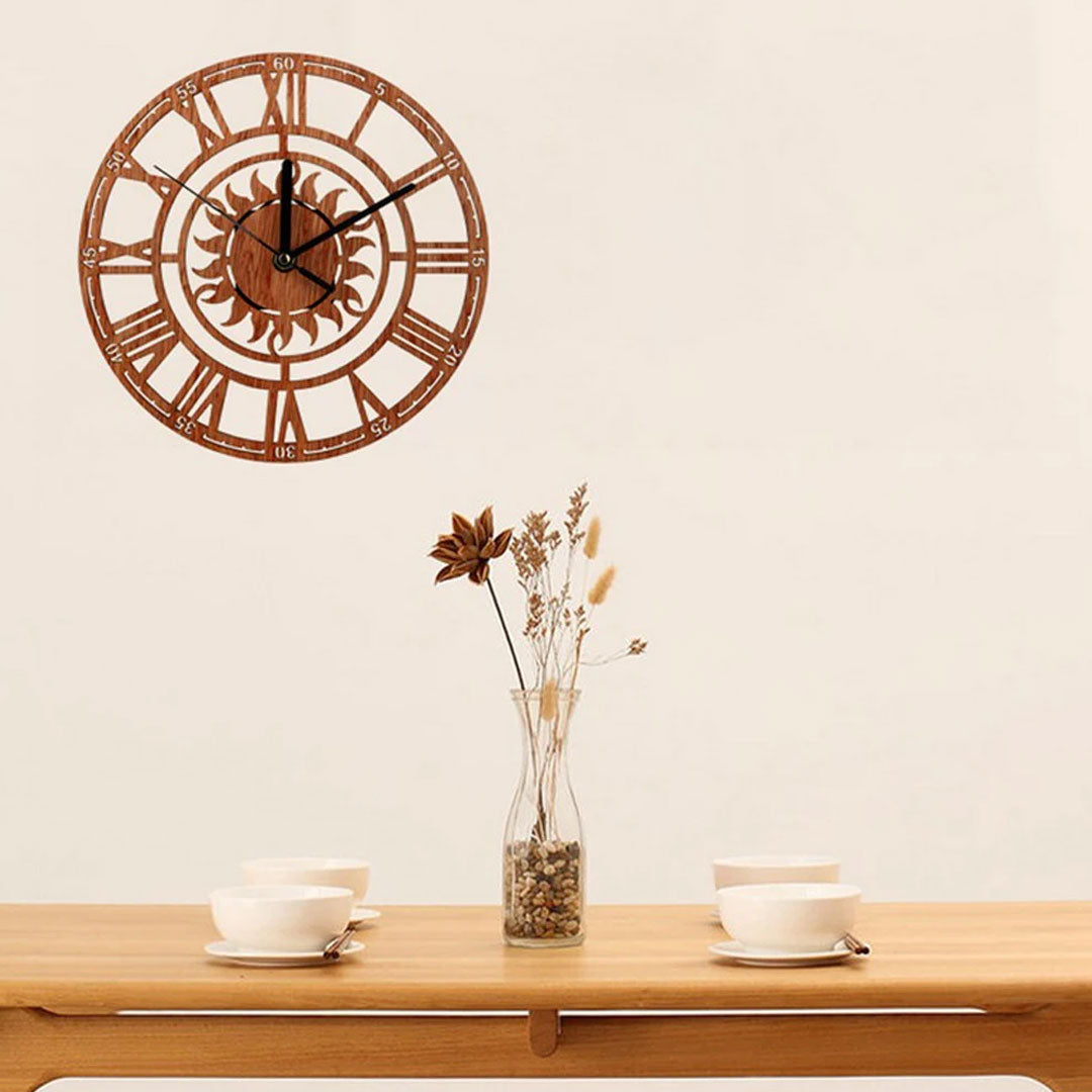 Sun Pattern Round Wood Wall Clock