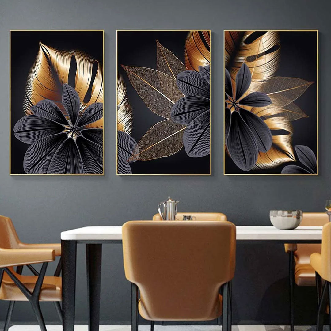 3-Piece Set Black and Gold Leaf Canvas Wall Art