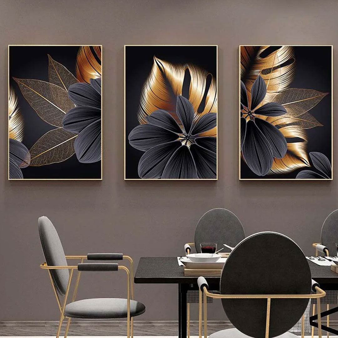 3-Piece Set Black and Gold Leaf Canvas Wall Art