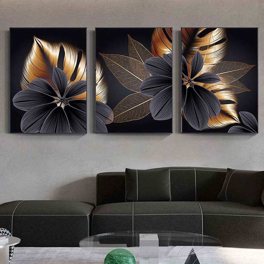 3-Piece Set Black and Gold Leaf Canvas Wall Art