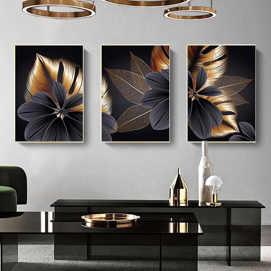 3-Piece Set Black and Gold Leaf Canvas Wall Art