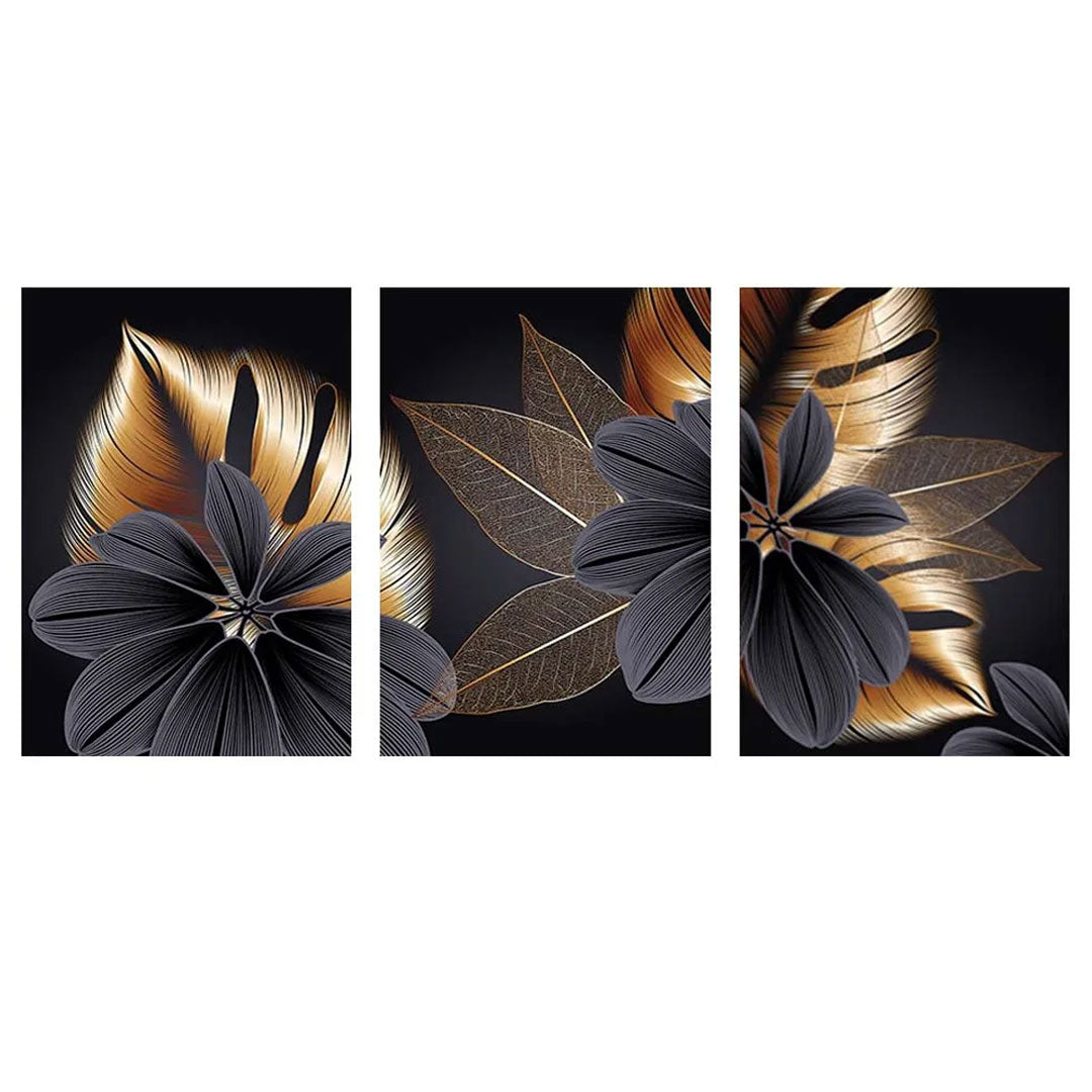 3-Piece Set Black and Gold Leaf Canvas Wall Art