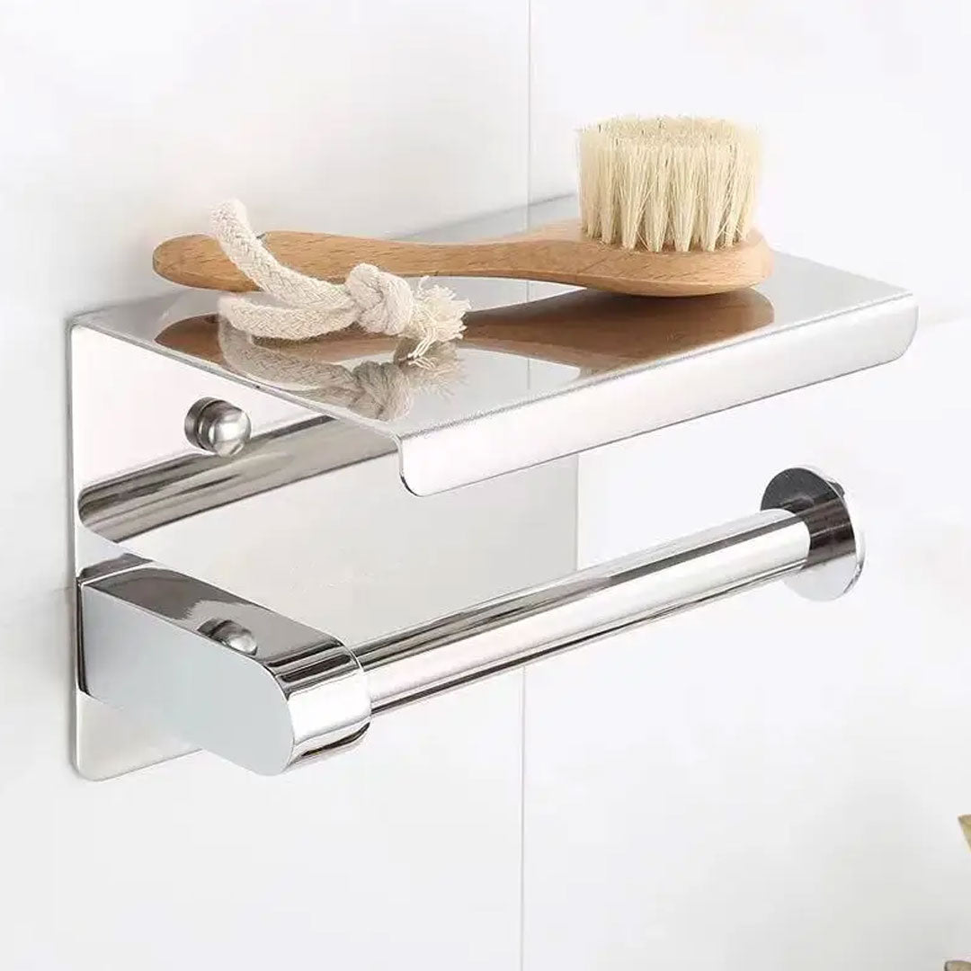 Stainless Steel No Drill Toilet Paper Holder with Phone Shelf