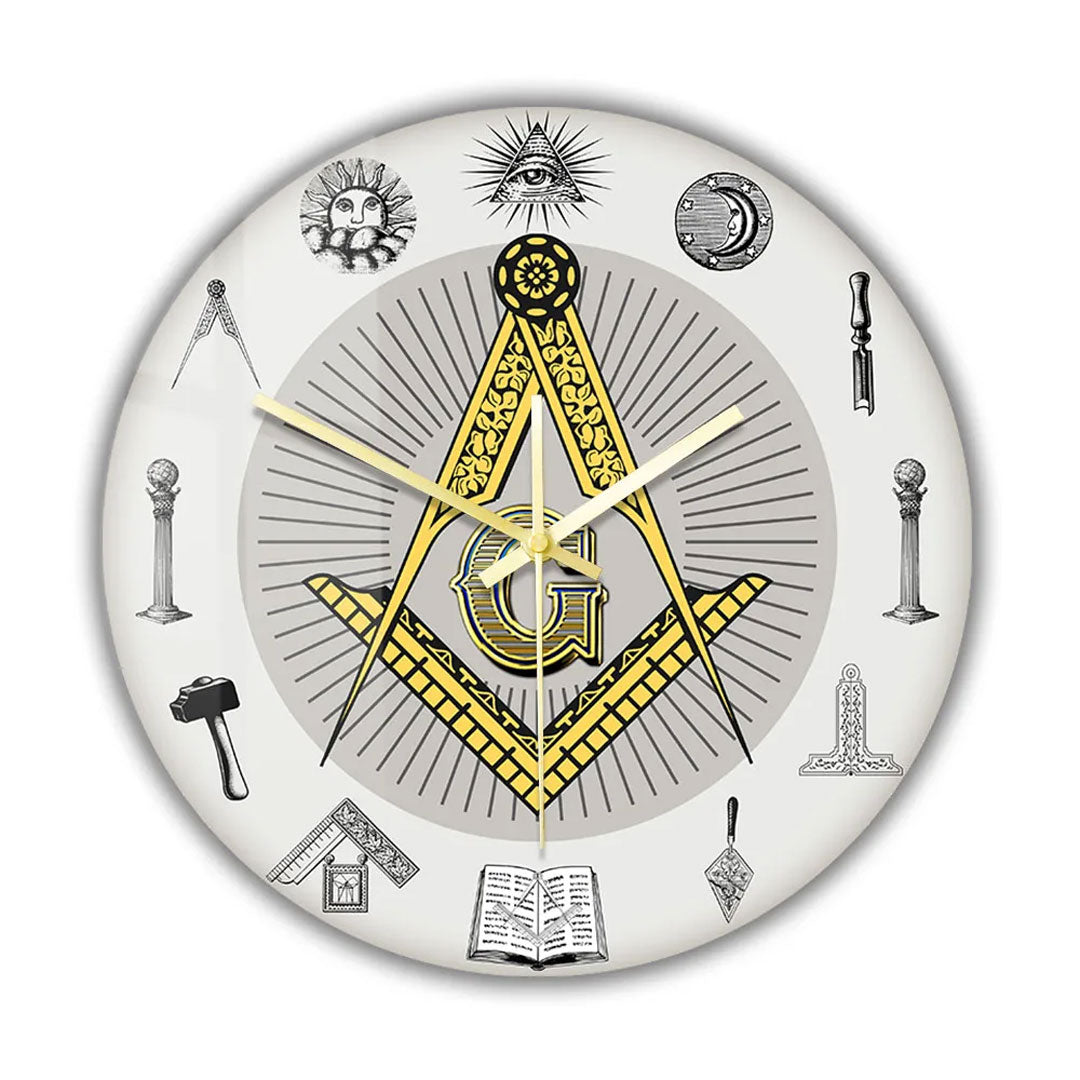 White Square Compass Masonic Wall Clock