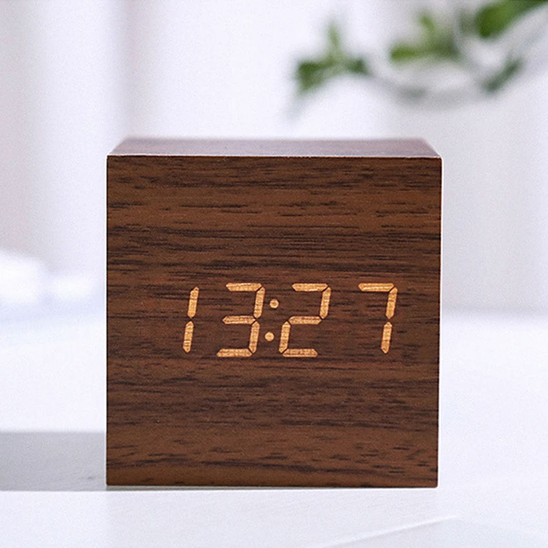 Wooden Digital Alarm Clock with Temperature Display