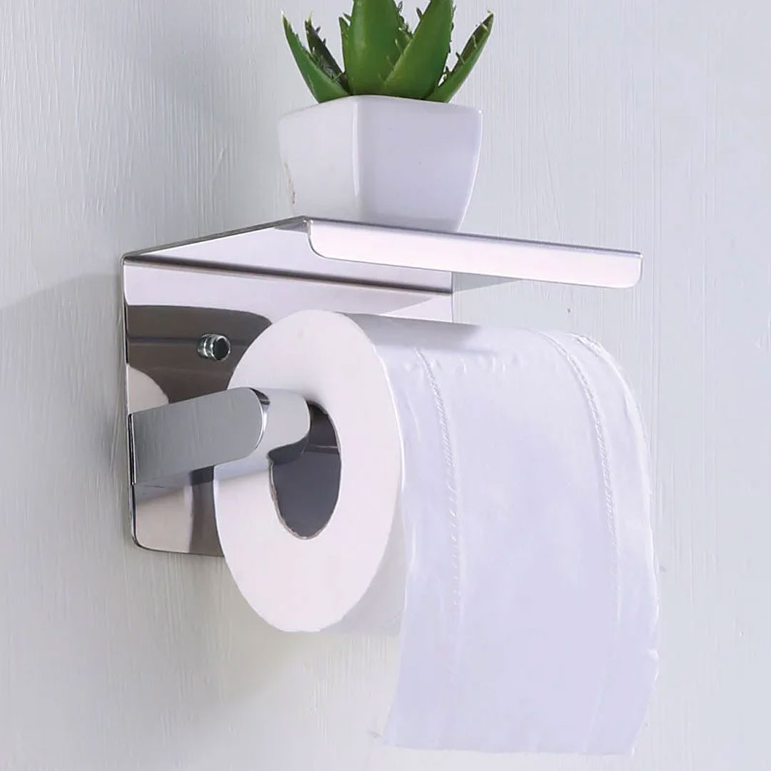 Stainless Steel No Drill Toilet Paper Holder with Phone Shelf