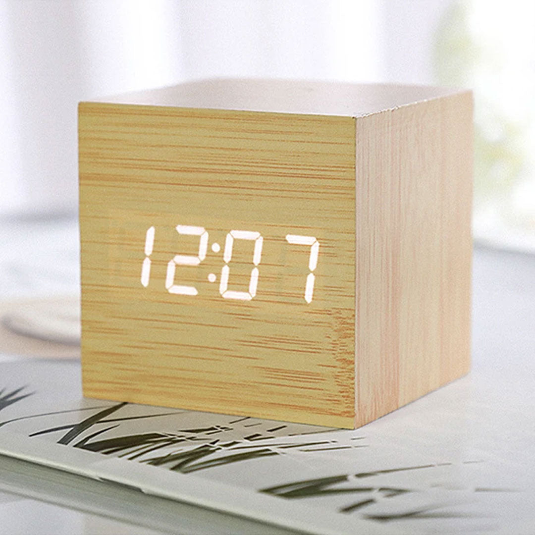 Wooden Digital Alarm Clock with Temperature Display